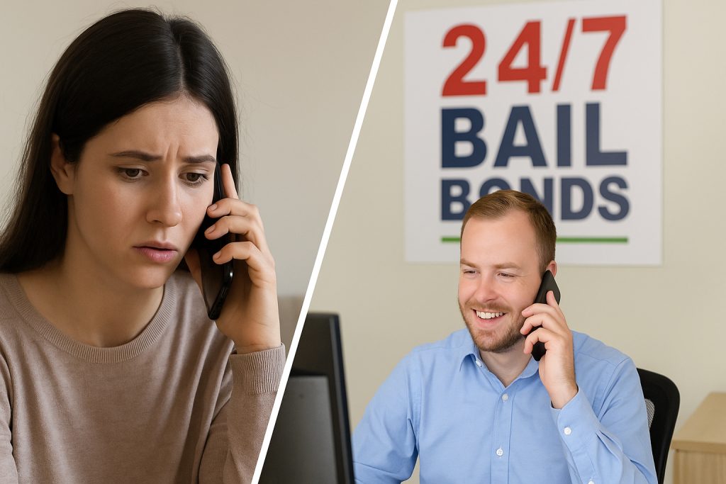 A split-scene image with a diagonal divider showing two situations: on the left, a worried young woman speaks on the phone about her loved one in jail; on the right, a friendly 24/7 Bail Bonds representative, a white man in a light blue shirt, smiles while speaking on the phone, providing calm guidance and support.