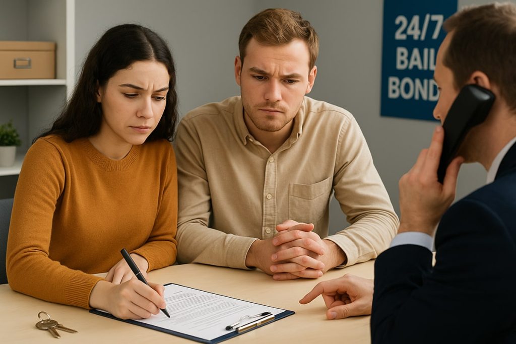 A photograph shows a light-skinned brother and sister co-signing bail bond paperwork at a desk. The sister writes on the form while the brother looks on with concern. Across from them, a 24/7 Bail Bonds representative in a suit speaks on the phone, guiding them through the process of bailing their sibling out of jail.