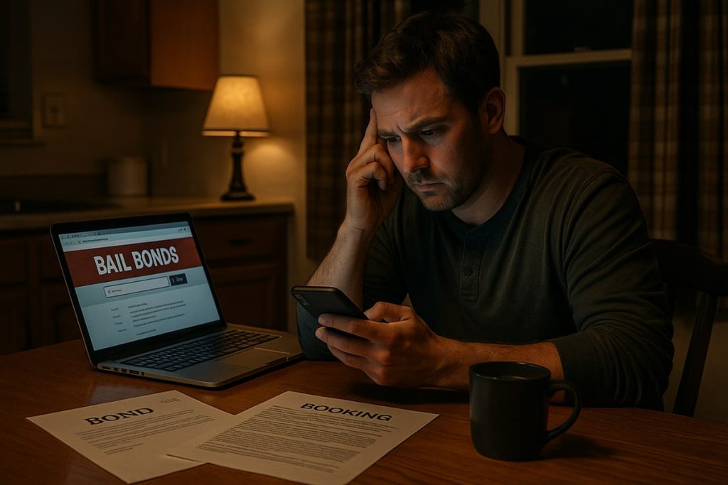 A worried man sits at his kitchen table at night, looking at his phone beside a laptop showing a “Bail Bonds” website and documents labeled “Bond” and “Booking,” trying to help his family member get released from Harris County Jail.