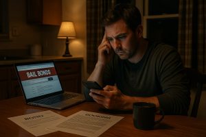 A worried man sits at his kitchen table at night, looking at his phone beside a laptop showing a “Bail Bonds” website and documents labeled “Bond” and “Booking,” trying to help his family member get released from Harris County Jail.