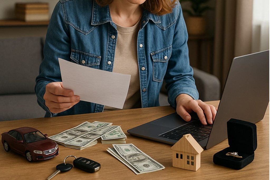 A woman sits at a kitchen table, looking at paperwork while considering what items to use as collateral for a bail bond. She is surrounded by cash, car keys, jewelry, and documents, appearing thoughtful and concerned.