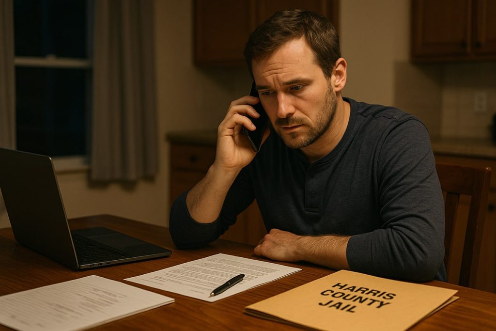 A concerned man sits at a kitchen table on the phone with a criminal defense attorney, reviewing documents and a folder labeled “Harris County Jail” to discuss reducing bail for a loved one.