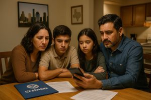 A Latino family sits together at a wooden kitchen table inside a modest Houston apartment, looking worried but connected as they listen to an immigration bail bonds agent on speakerphone. Papers and a blue folder labeled “ICE Detainer / Department of Homeland Security” are spread across the table. Warm indoor lighting fills the room, and a framed photo of the Houston skyline and a Texas map hang on the wall, creating a setting that feels tense but hopeful.