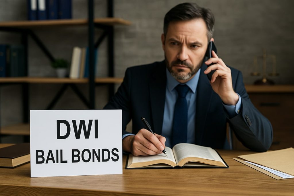 A male bail bondsman in a navy suit speaks on the phone while writing in a notebook at his desk. A sign reading “DWI Bail Bonds” sits beside him, symbolizing professional help for DWI arrests in Houston.