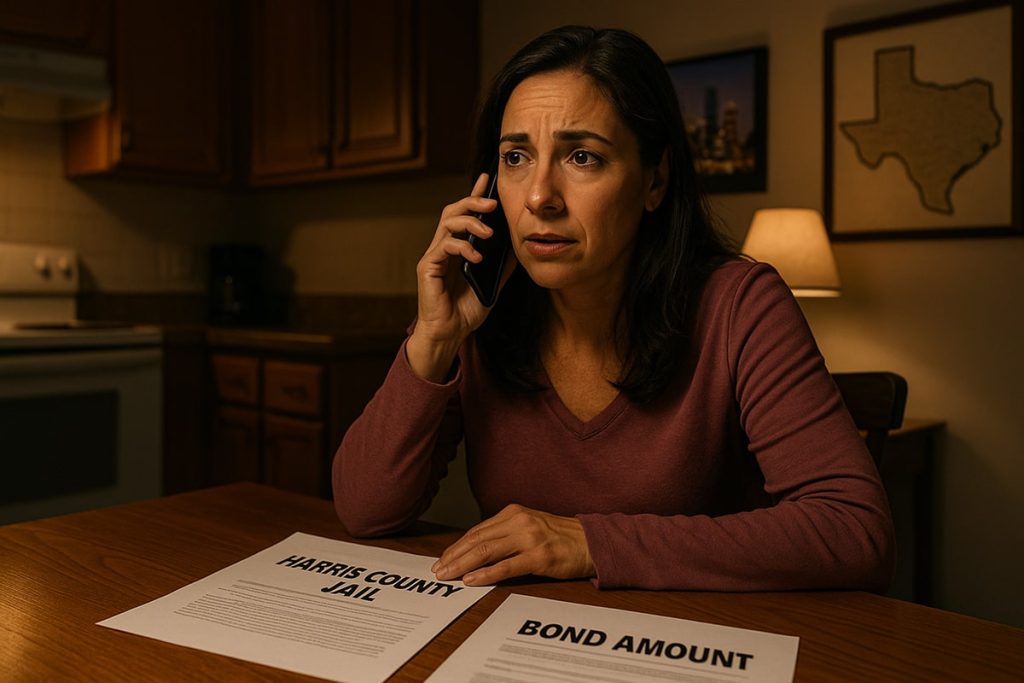 A photorealistic landscape photograph showing a worried but focused family member sitting at a kitchen table late at night in a Houston home, speaking on the phone with a bail bonds agent about a drug possession arrest. Paperwork labeled “Harris County Jail” and “Bond Amount” sits on the table. Warm indoor lighting creates a calm but tense atmosphere. The person looks concerned yet hopeful.