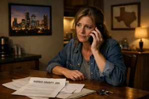 Worried family member sits alone at a kitchen table late at night in a Houston home, holding a phone after an arrest call, with papers labeled “Harris County Jail” spread out, warm indoor lighting, and subtle Texas decor in the background.