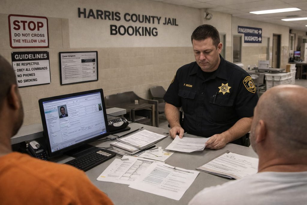 Texas jail booking area interior with neutral tones, showing a corrections officer behind a counter reviewing paperwork, a computer screen with booking information, official Harris County Jail signage, clean overhead lighting, and detainees visible only from behind with no faces shown.