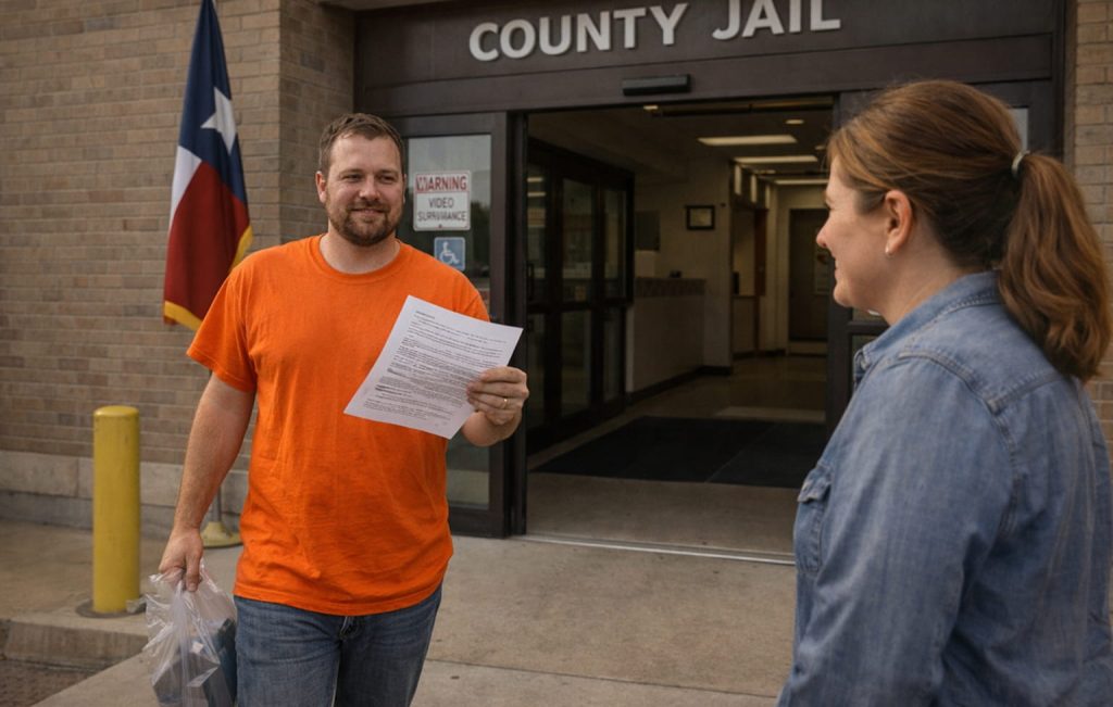 Person leaving a Texas jail after release on a PR bond while family waits outside.