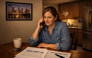 Family member in a Houston home speaking on the phone about a PR bond after learning a loved one is in Harris County Jail.