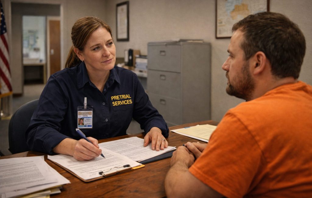 Pretrial services officer interviewing a defendant to determine eligibility for a personal recognizance bond.