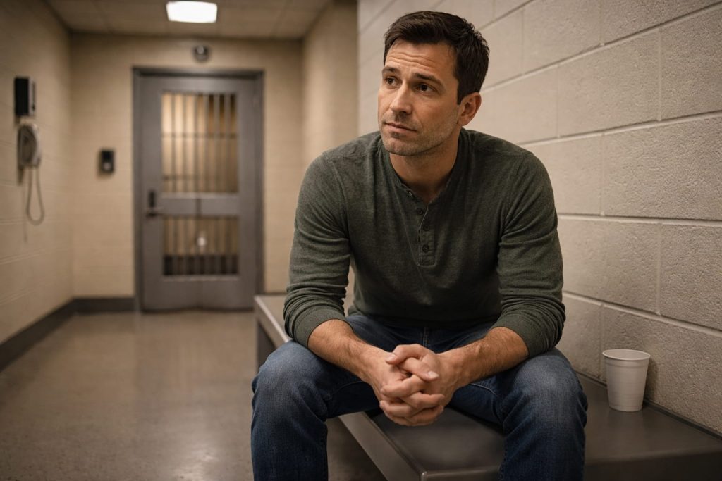 Man sitting in a jail holding cell after a judge denies bond in Texas.