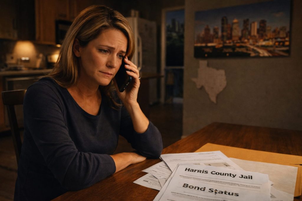 Family member in Houston learning a loved one has no bond while speaking on the phone late at night.