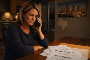 Family member in Houston learning a loved one has no bond while speaking on the phone late at night.