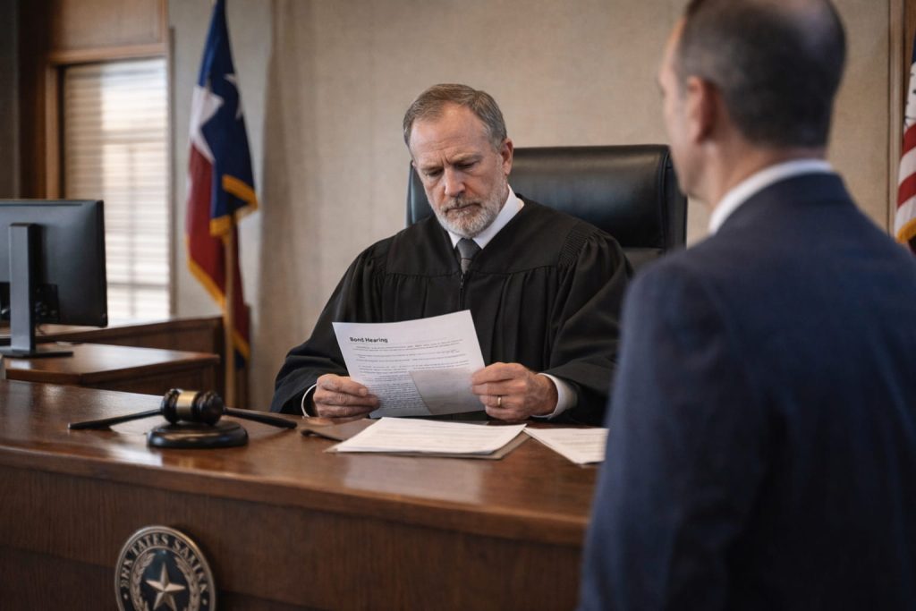 Judge reviewing a case during a bond hearing that may determine if bail is denied.