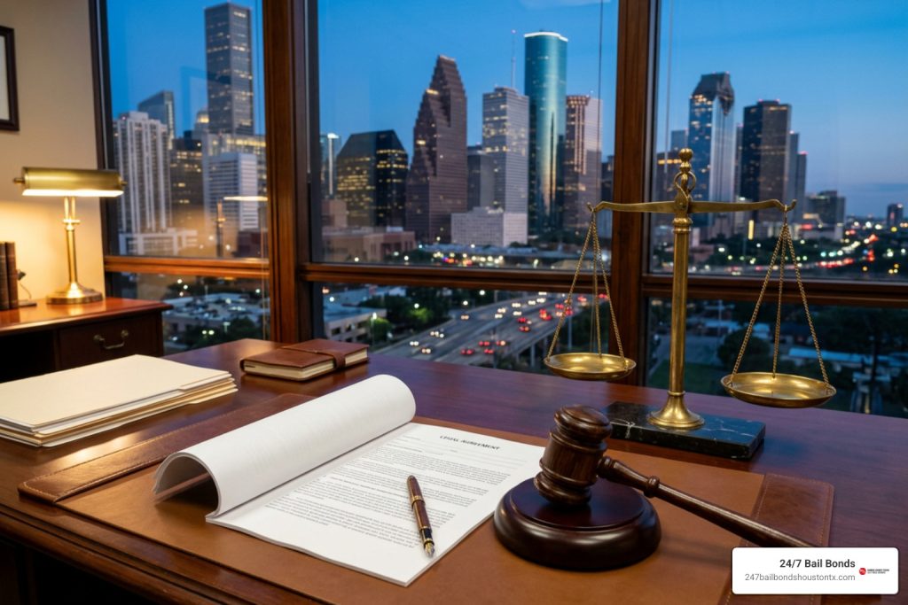 Bail bond agreement and gavel on a desk overlooking the Houston skyline at dusk