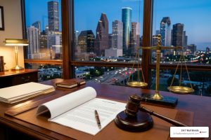 Bail bond agreement and gavel on a desk overlooking the Houston skyline at dusk